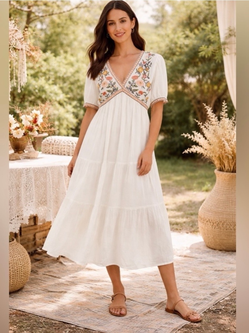 In Loom Ivory Boho Floral Embroidered V-Neck Midi Lined Dress Size Large